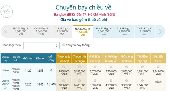 Bảng giá vé máy bay Vietnam Airlines Bangkok đi TP Hồ Chí Minh mới nhất