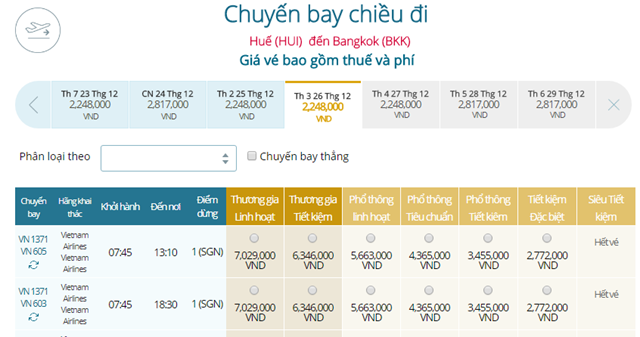 Bảng giá vé máy bay Vietnam Airlines Huế đi Bangkok mới nhất