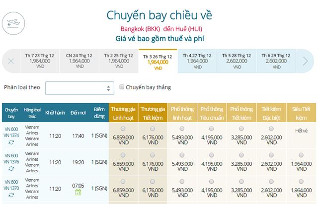 Bảng giá vé máy bay Vietnam Airlines Bangkok đi Huế mới nhất