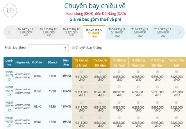 Bảng giá vé máy bay Vietnam Airlines Cao Hùng đi Đà Nẵng mới nhất