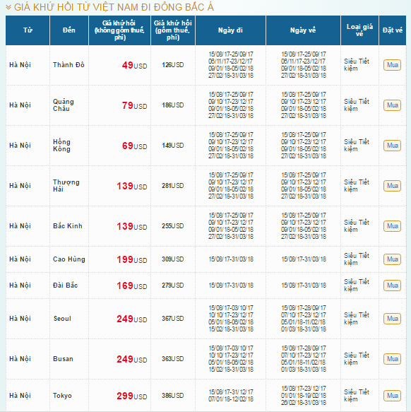 Bảng giá vé máy bay Vietnam Airlines khuyến mãi 49USD