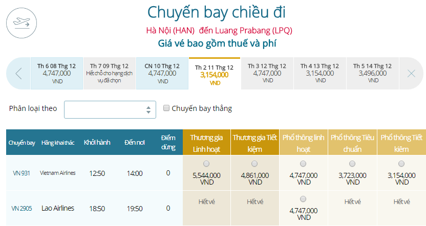 Giá vé máy bay từ Hà Nội đi Luang Prabang, Lào