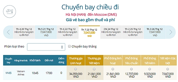 Giá vé máy bay từ Hà Nội đi Moscow