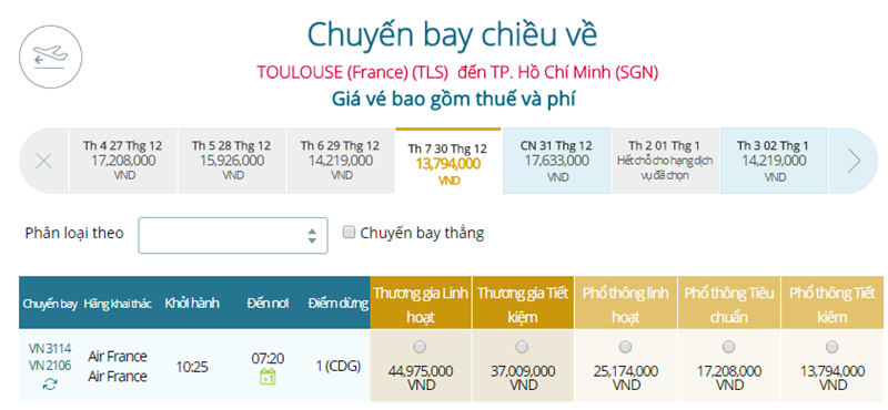 Giá vé máy bay từ Toulouse đi TPHCM