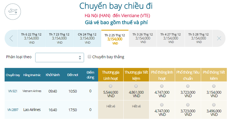 Giá vé máy bay từ Hà Nội đi Viêng Chăn