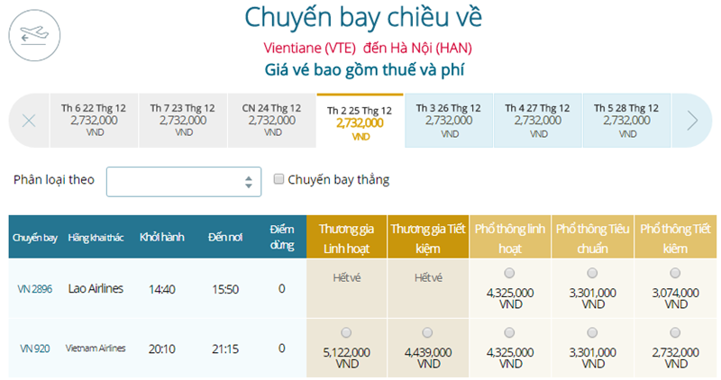 Giá vé máy bay từ Viêng Chăn đi Hà Nội