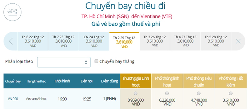 Giá vé máy bay từ TPHCM đi Viêng Chăn