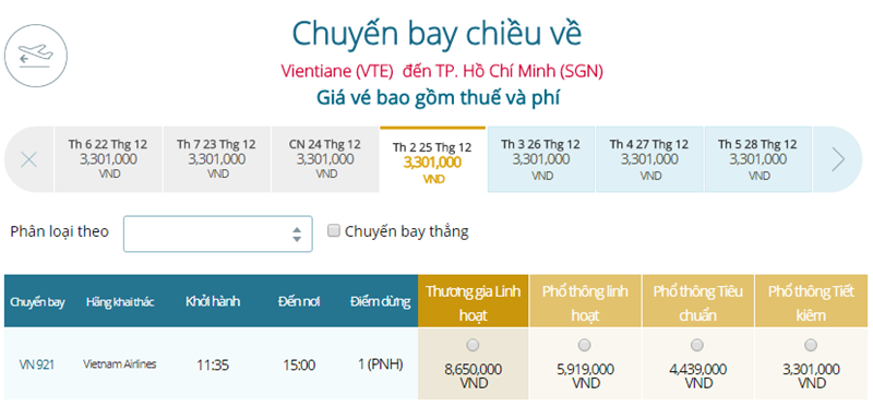 Giá vé máy bay từ Viêng Chăn đi TPHCM