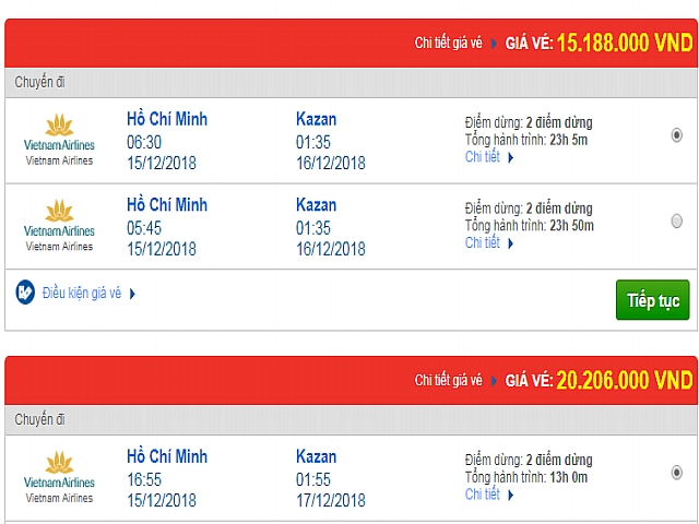 Giá vé máy bay đi Kazan, Nga của hãng Vietnam Airlines