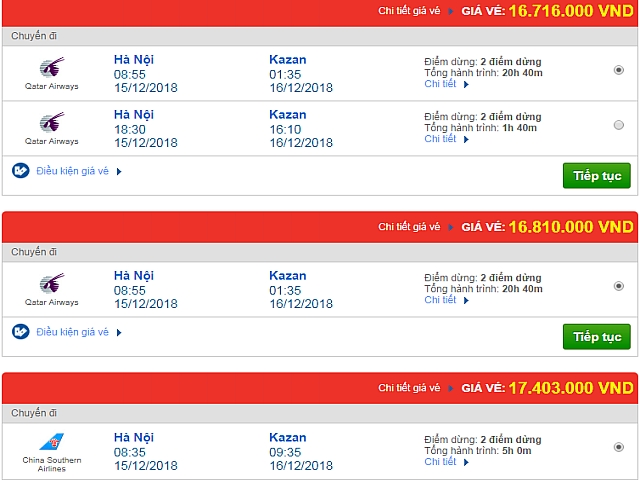 Giá vé máy bay đi Kazan, Nga của hãng quốc tế khác