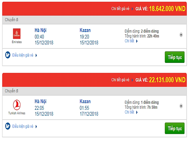 Giá vé máy bay đi Kazan, Nga của hãng quốc tế khác