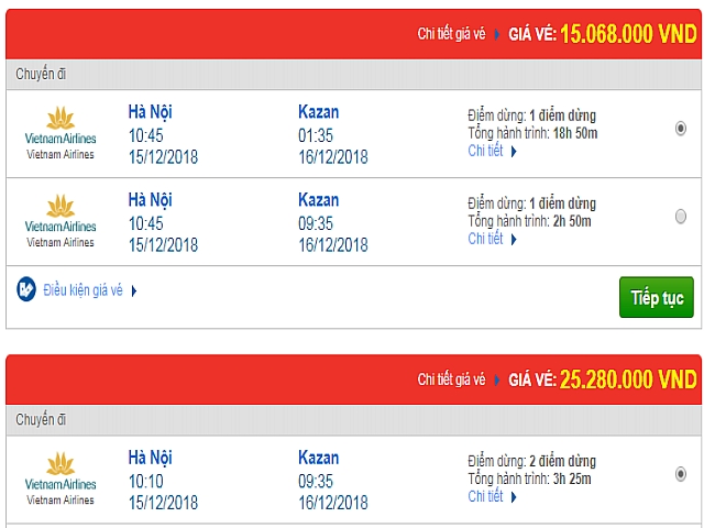 Giá vé máy bay đi Kazan, Nga của hãng Vietnam Airlines