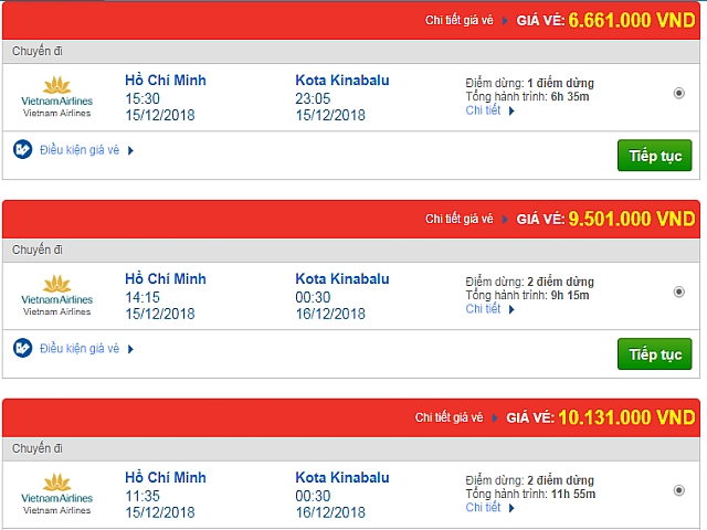 Giá vé máy bay đi Kota Kinabalu, Malaysia hãng Vietnam Airlines