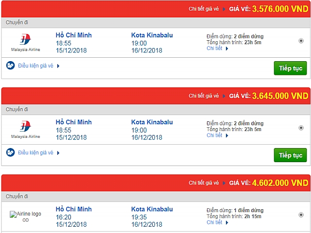 Giá vé máy bay đi Kota Kinabalu, Malaysia hãng quốc tế