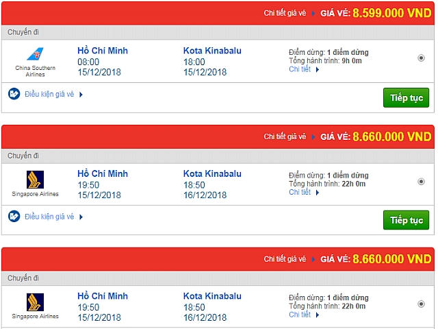 Giá vé máy bay đi Kota Kinabalu, Malaysia hãng quốc tế
