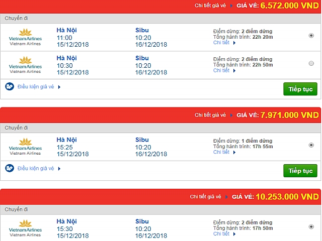 Giá vé máy bay đi Sibu, Malaysia hãng Vietnam Airlines