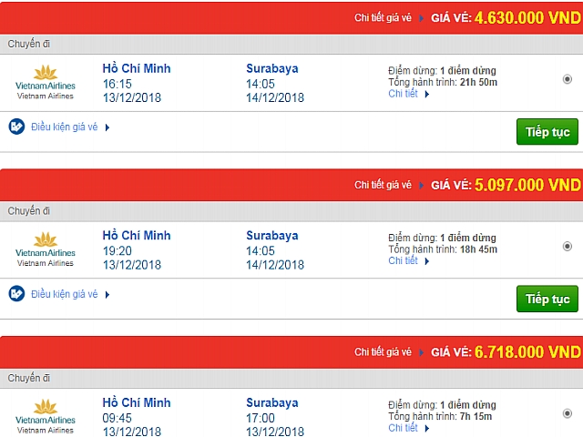 Giá vé máy bay đi Surabaya, Indonesia hãng Vietnam Airlines