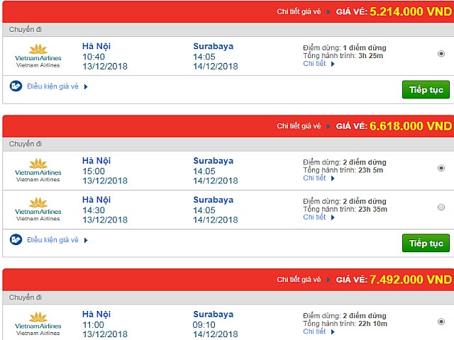 Giá vé máy bay đi Surabaya, Indonesia hãng Vietnam Airlines