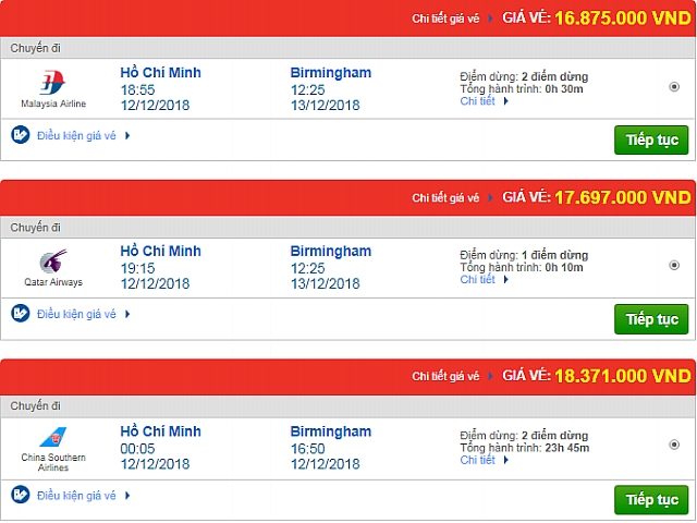Giá vé máy bay đi Birmingham, Anh các hãng quốc tế khác