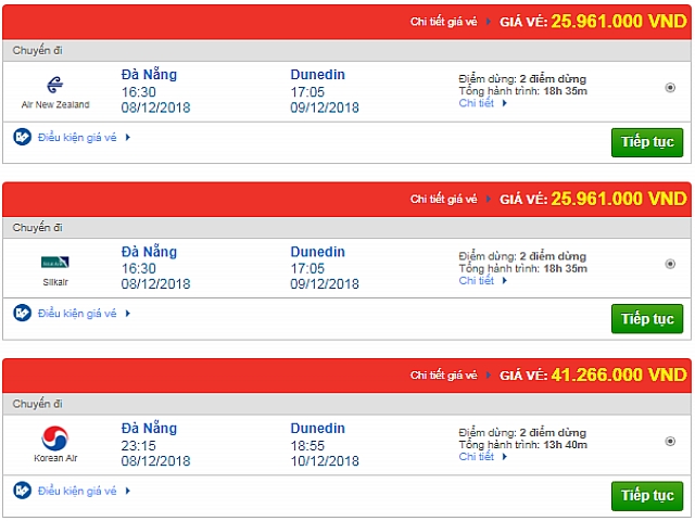Giá vé máy bay Đà Nẵng đi Dunedin, New Zealand