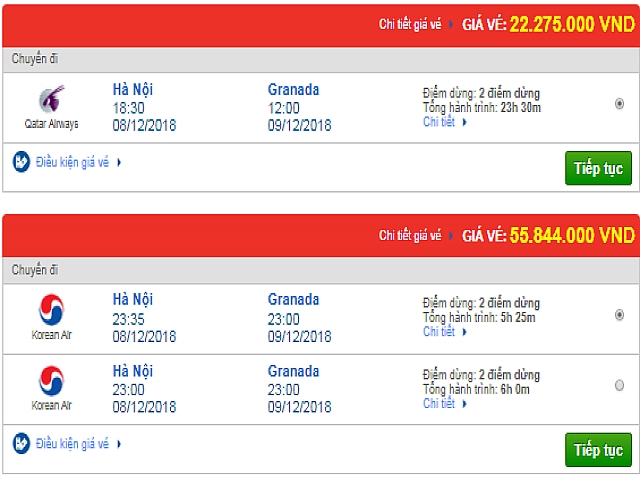Giá vé máy bay Hà Nội đi Granada, Tây Ban Nha