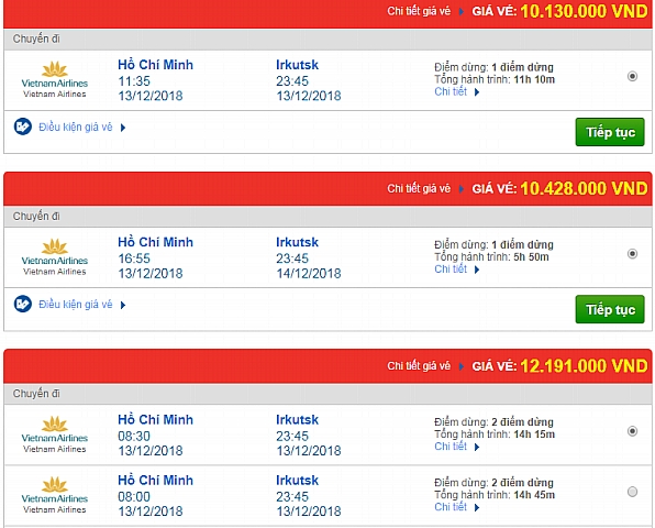 Giá vé máy bay đi Irkutsk - Lake Baikal, Nga của hãng Vietnam Airlines