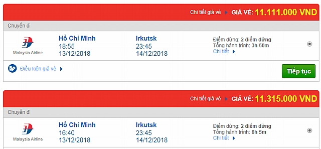 Giá vé máy bay đi Irkutsk - Lake Baikal, Nga hãng quốc tế